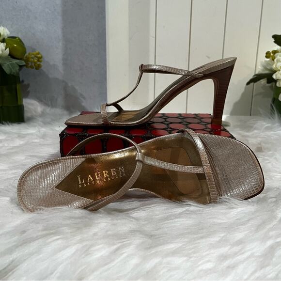 LRL Ralph Lauren Leather T-Strap Metallic High Heel Snakeskin Slides Sandals 5.5 - Picture 2 of 13